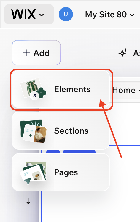 Add menu with Elements highlighted