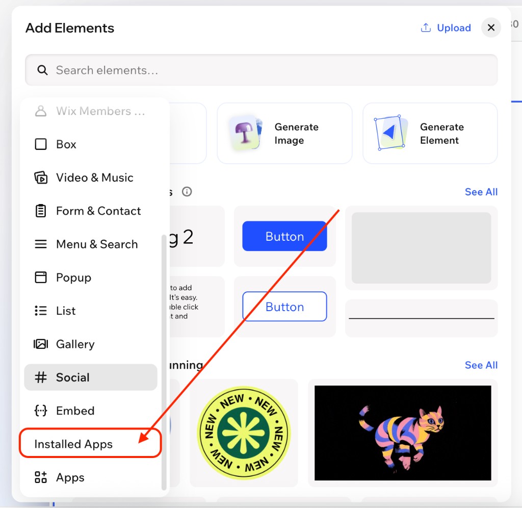 Add Elements panel with Installed Apps highlighted